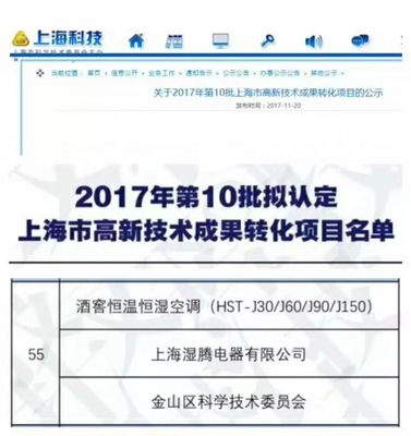 熱烈祝賀“濕騰”電器酒窖恒溫恒濕項(xiàng)目通過(guò)上海市高新技術(shù)成果轉(zhuǎn)化項(xiàng)目審核認(rèn)定！——新材料技術(shù)賦能傳統(tǒng)產(chǎn)業(yè)升級(jí)的典范